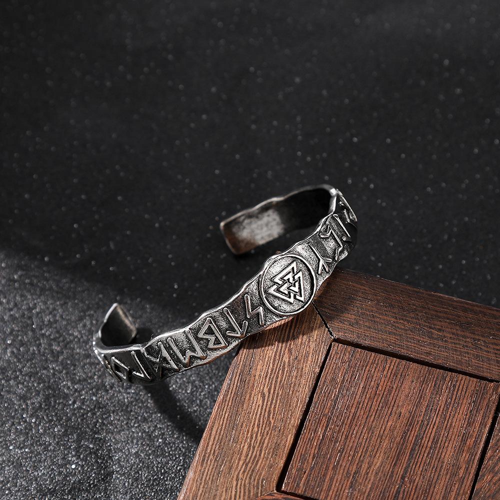 Vintage Viking Runes Open Cuff Bracelet Odin Mythology Themed Mens Jewelry