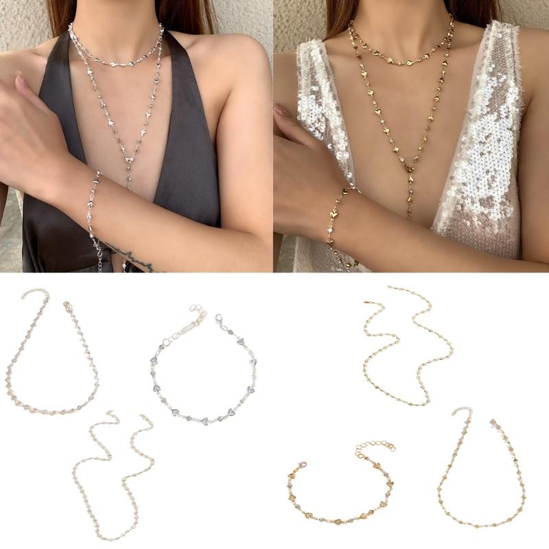 3 Pieces Delicate Heart Y Chain Necklace and Bracelet Set For Ladies Holiday Body Jewelry Gifts Adjustable Length