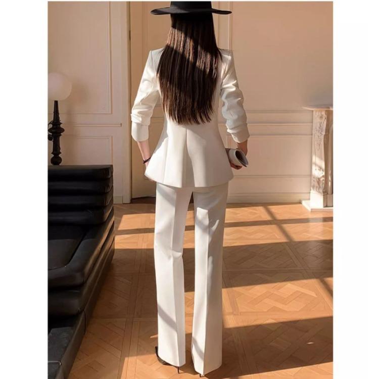 Chinese Style Spring 2 Piece Sets Women Elegant Embroidery High End Frog Button Jacket White Flared Pants