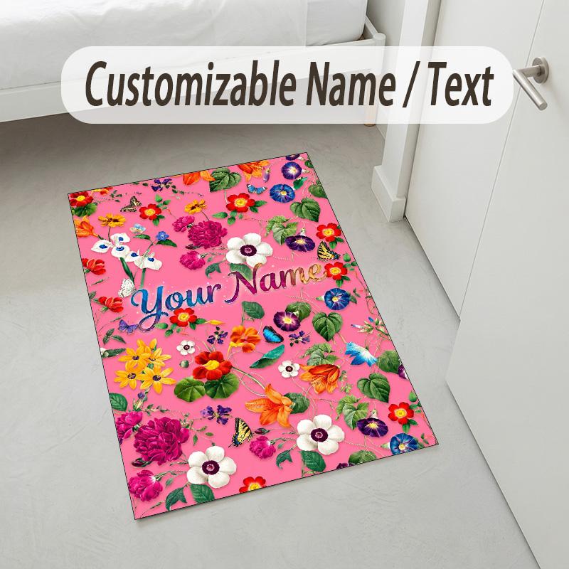 Floral Theme Soft Crystal Velvet Rug Custom Name & Text Print Non Slip Floor Rug for Bedroom Living Room