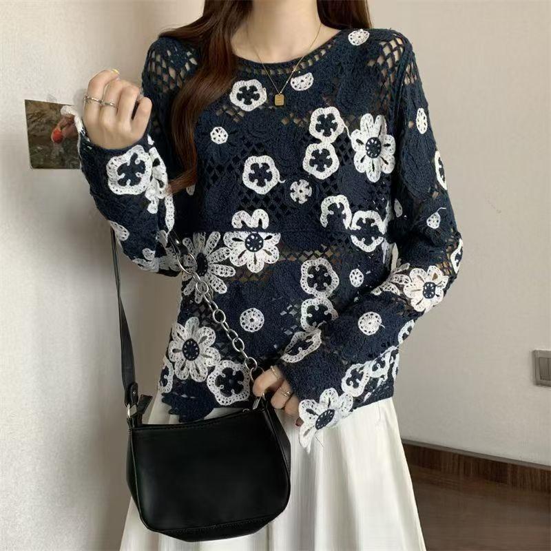 Bohemian Crochet Hollow Knit Sweater for Women Loose Color-Block Long-Sleeve Knit Pullover Top