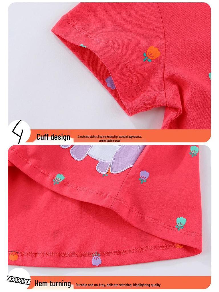 2026 Spring/Summer Girls' Cute Embroidered Short-Sleeve Knit Cotton Princess Dress