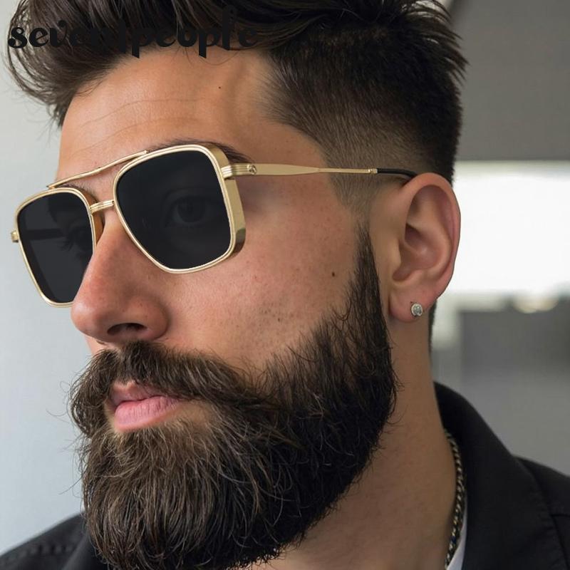 Vintage Steampunk Pilot Square Sunglasses Men Luxury Brand Trendy Metal Frame Driving Sunglass For Male UV400 Punk Shades