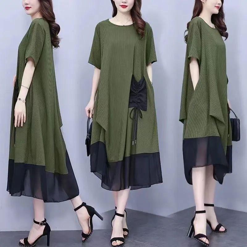 Summer Women Dress Patchwork Color Matching Mesh Round Neck Short Sleeve Midi Dress Patch Pocket Drawstring Chubby Lady Dress
