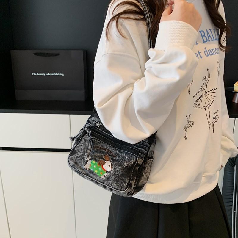 Cartoon Embroidered Denim Bag Women's Shoulder Crossbody Bag