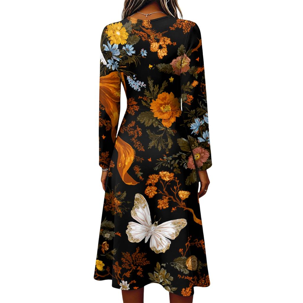Women's Stylish Halloween Print Long Sleeve V-Neck Casual Dress with Pockets