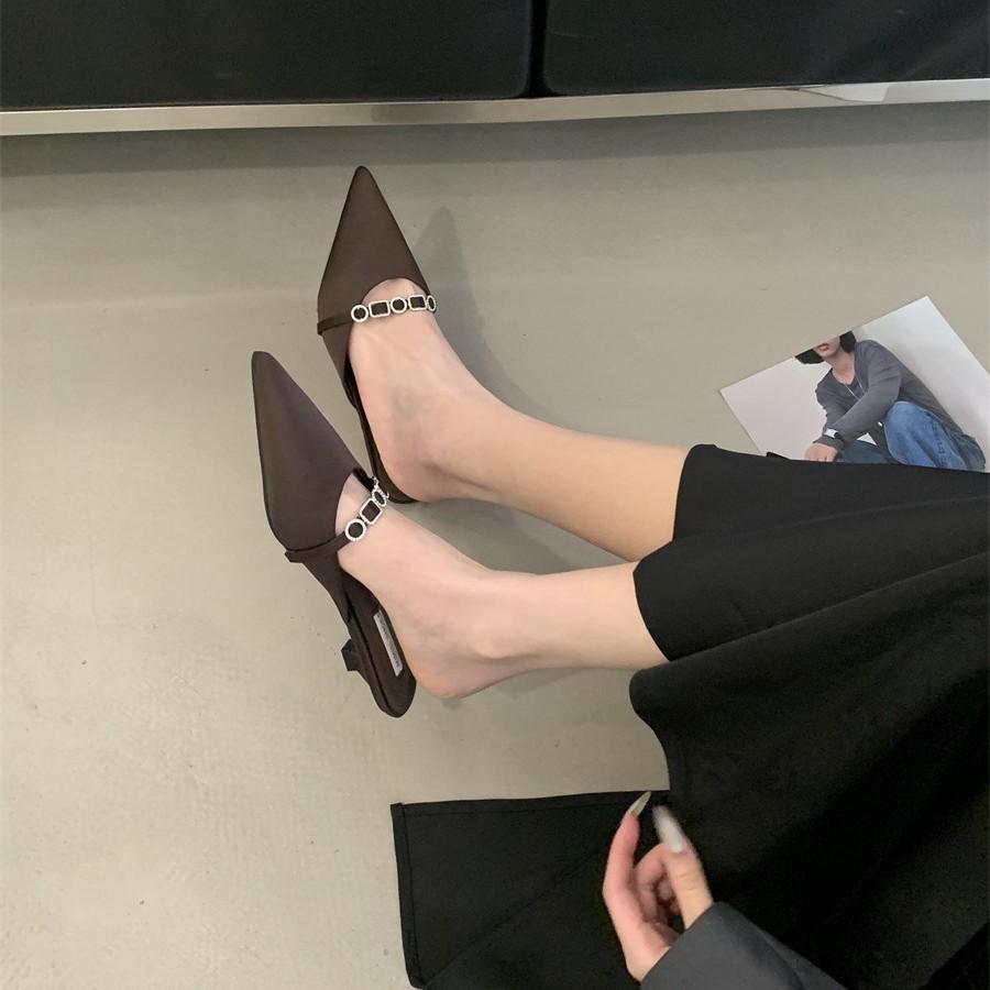 Sandals Women'S Summer One-Word Buckle High Heels Thick Heel Hollow Pointed Head Bag Head Rhinestone Versatile Single Shoes