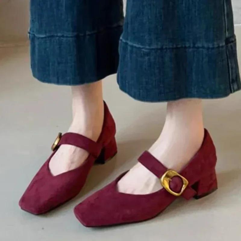 Chaussures à Talons Hauts à Bout Carré pour Femmes Chaussures Marie Janes en Daim Nouvelle Hiver Femme Marque Mode Escarpins Élégants Peu Profonds Zapatillas