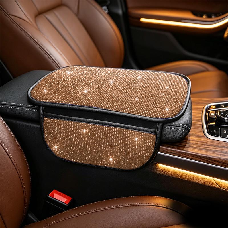 Bling Car Armrest Box Cushion With Side Phone Pocket Rhinestones Auto Center Console Protector Pad For Women Interior Accessorie