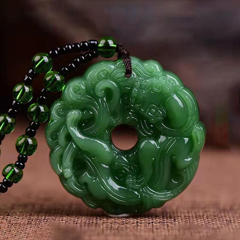 Chinese Amulet Artificial Jade Pixiu Phoenix Buddhist Retro Vintage Pendant Necklace Protect Charm Talisman Powerful Money Wealth Health Luck Jewelry