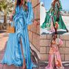 2026 Bohemian Loose V-Neck Split Hem Printed Maxi Dress Women Plus Size Flowy Long Sleeve Casual