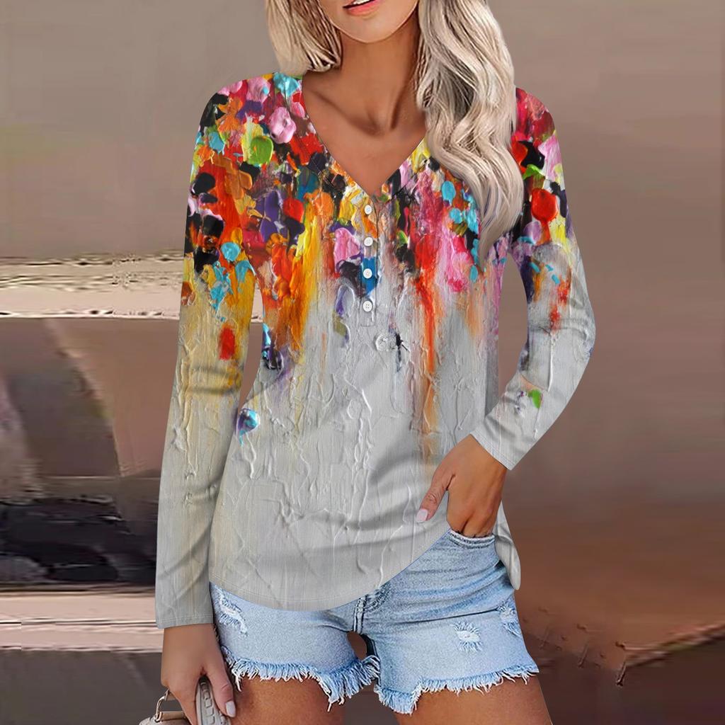 Dámská móda ležérní top s květinovým potiskem s dlouhým rukávem a výstřihem do V