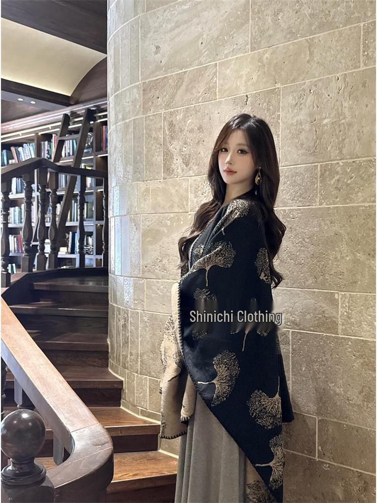 Fall/Winter Warm Ginkgo Leaf Knit Shawl Cape