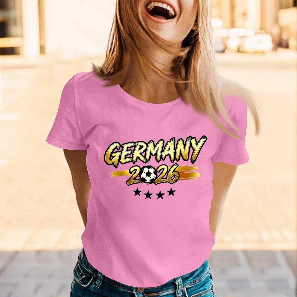 Damen Freizeit Rundhals Kurzarm Pullover T-Shirt mit Buchstabenaufdruck Lockerer Schnitt Leichtes Oberteil für Sportveranstaltungen
