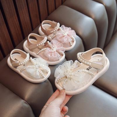 Summer New Girl Sandals Sweet Lace Bowknot Kids Outdoor Pearl Crown Causal Sandals Fashion Elegant Children Princess Beach Shoes