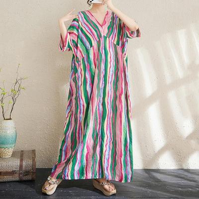 Short Sleeve Plus Size Cotton Vintage Stripe New In Dresses for Women Casual Loose Long Summer Dress