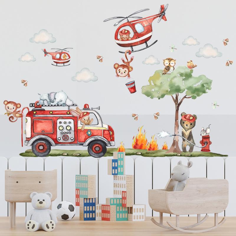 Camion dei Pompieri Animali Cartoni Animati Adesivi Murali per Bambini per Asilo Stanza dei Bambini Decorazione Camera da Letto Bambino