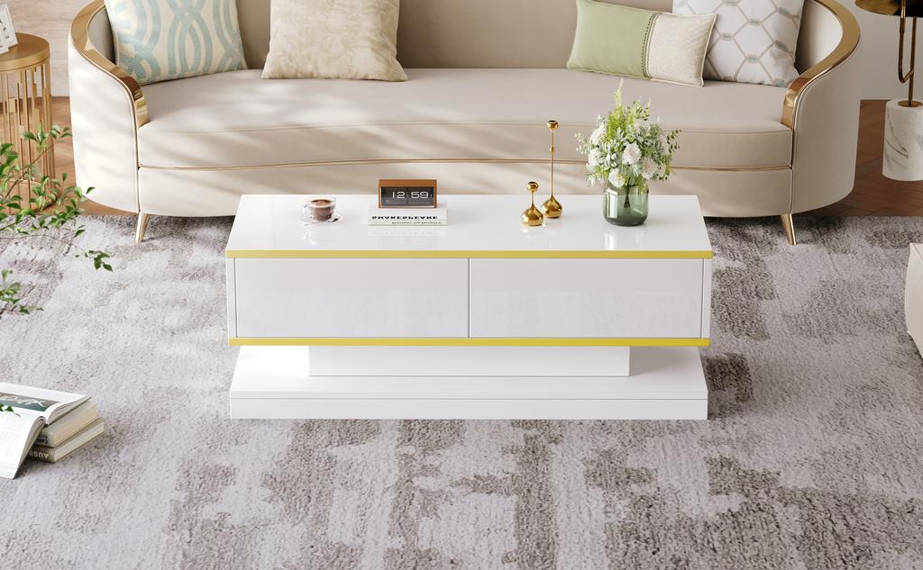 Mesa de centro de alto brillo de 100*50*38 cm con 2 cajones grandes, Blanco cálido + Borde dorado, Parte media estrecha y parte superior e inferior anchas