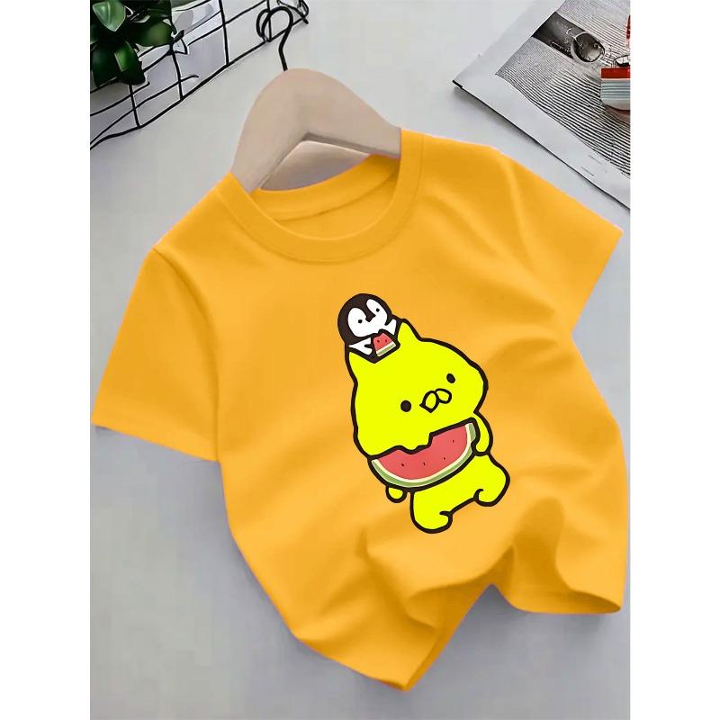 European sizes Cute Watermelon & Smiling Bear Print Short Sleeve T-Shirt - Summer Breathable Kids Top