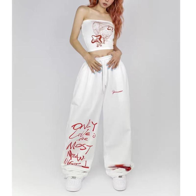 Women's Black & White Korean Street Dance Hip-Hop Drawstring Pants