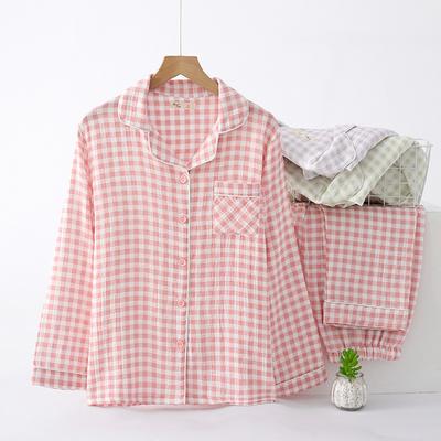 Spring / Autumn Cotton Double Gauze Ladies Plaid Pajama Set Simple Thin Homewear Long Sleeve Trousers Pajamas for Women Set