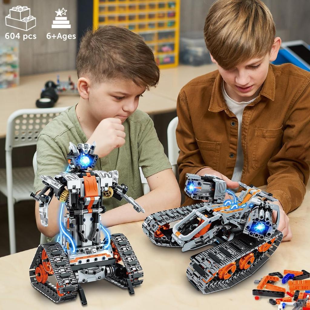 5-in-1 Building Toys with LED Light, APP & Remote Controll Building Block Set, 604 PCS RC Tech Rechargeable Tank Robot Sleigh Tracked Racer Toy, Gift