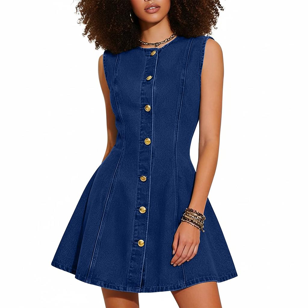 Vestido de Verano para Mujer sin Mangas de Mezclilla con Botones Delanteros, Casual, Cuello Redondo, Línea A, Mini Vestido Ligero de Jean