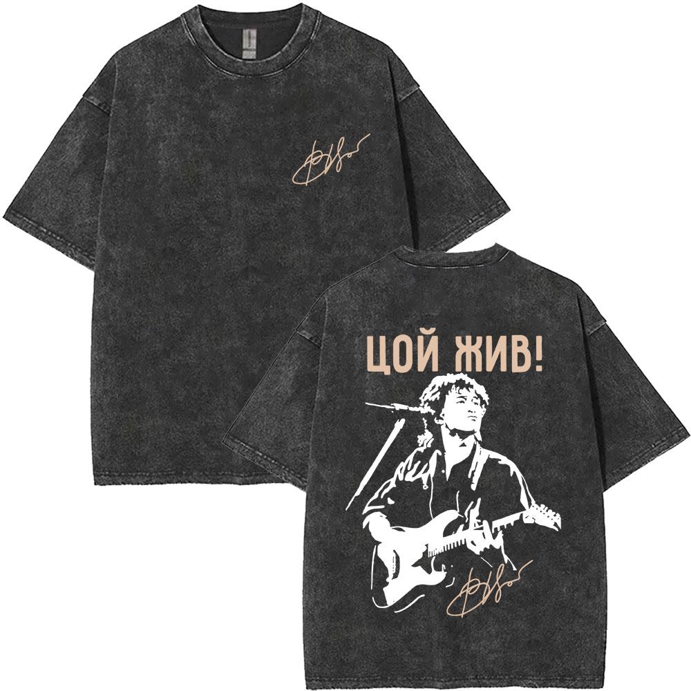 Washed Vintage Kino Viktor Tsoi Graphic T Shirts Men Women Casual Cotton Oversized Tshirts Mens Classic Rusian Rock Streetwear