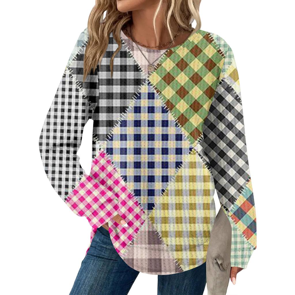 Dámský kostkovaný top s kulatým výstřihem, dlouhým rukávem, ležérního volného střihu