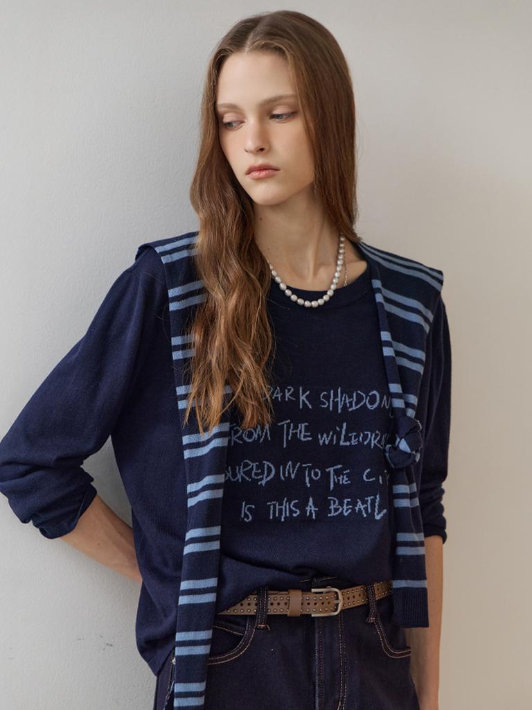 MAXZA Lettering Round Neck Knit & Striped Shawl Set