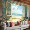 2D Summer Ocean Tapestry, Window View with Beach and Flowers for Home Decoration