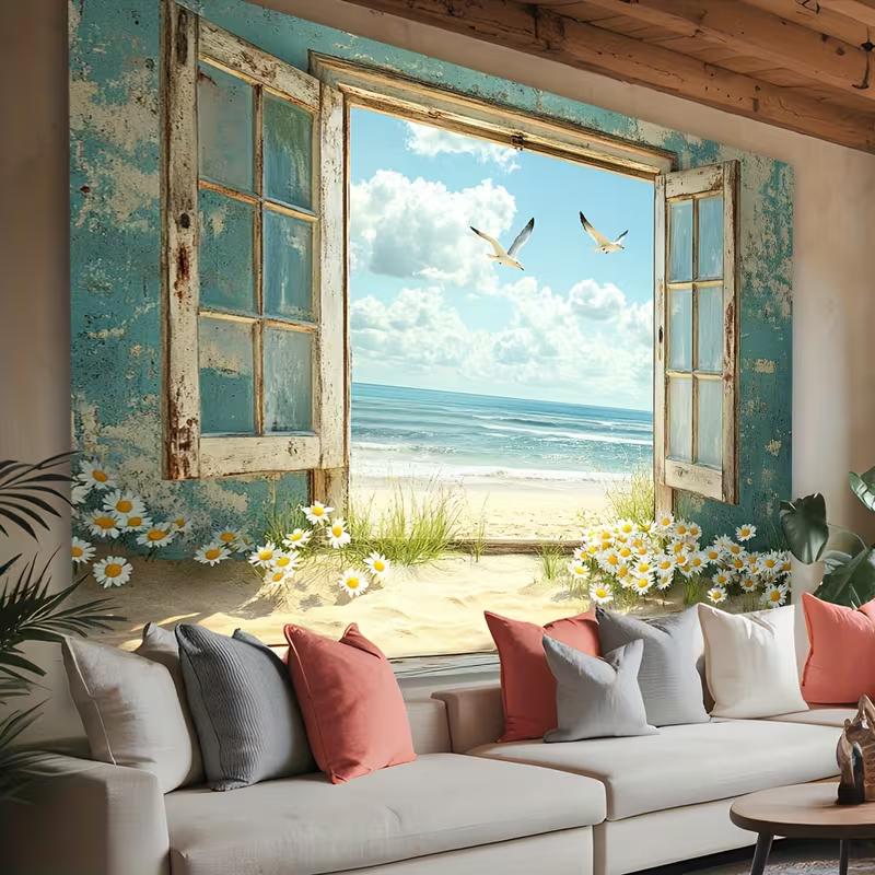 2D Summer Ocean Tapestry, Window View with Beach and Flowers for Home Decoration