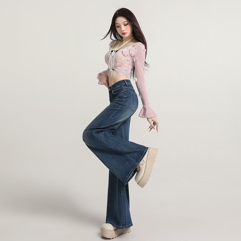 Fashion Micro-pull Jeans Women's 2026 Spring New Popular High Waist Wide Legs Loose and Thin Elastic Horn Pants