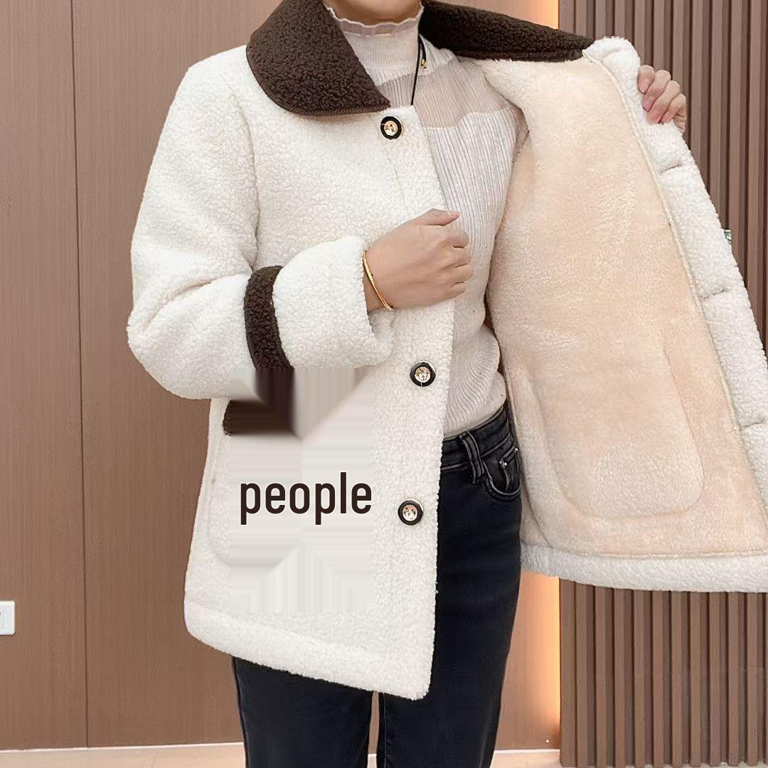 

Пальто из лоскутов молочного цвета из овечьей шерсти для женщин – на флисовой подкладке и плотное для осенне-зимней моды для мамы. XL (90-110 lbs)