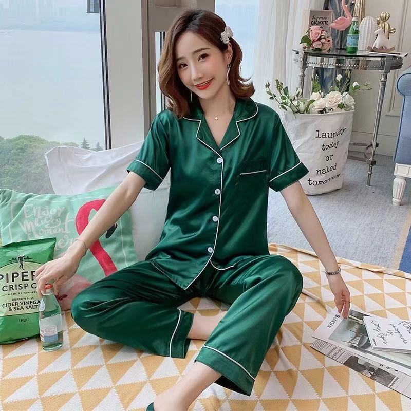 Solid color ice silk pajamas women's long-sleeved cardigan simulation silk spring summer loungewear women's autumn suit breathable