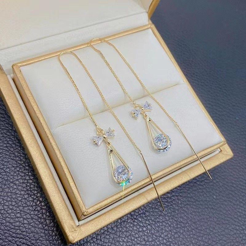 Korean Butterfly Zircon Face-Slimming Tassel Earrings - Elegant Long Internet Celebrity Style золотой