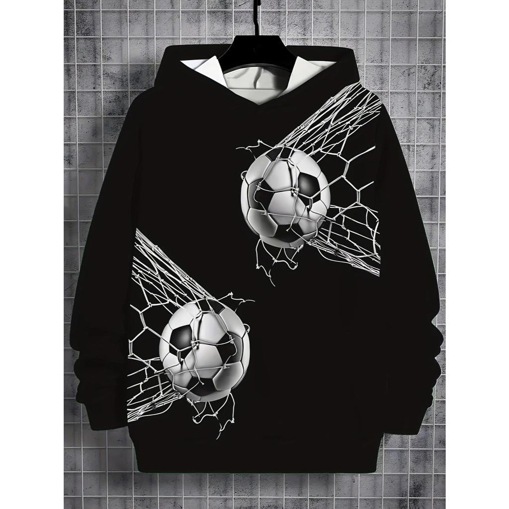 Boys' 3D Printed Football and Spider Web Pattern Hoodie - Black Casual Long Sleeve Sports Top