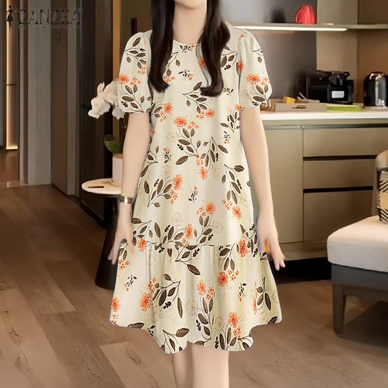 ZANZEA Women Floral Print Summer Casual Round Neck Short Sleeve Dress