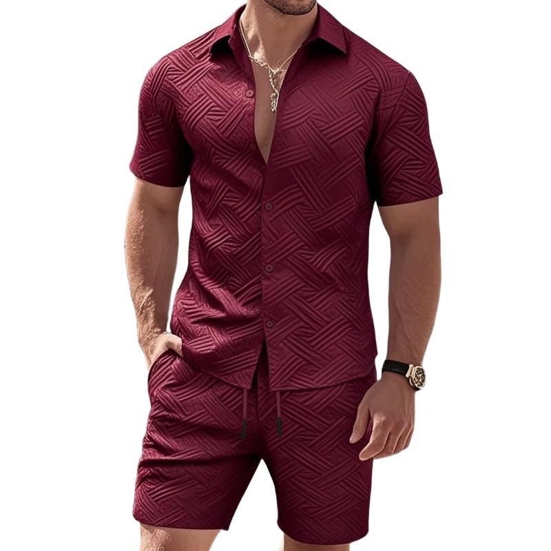 Mens Casual Two Piece Outfit Textured Short Sleeve Shirt And Shorts Set