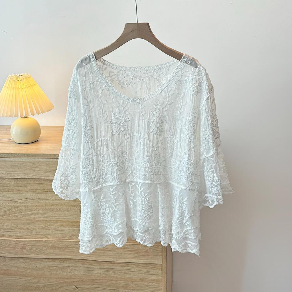 DIMANAF 2025 Neues Sommer Damen T-Shirt T-Shirt Kurzarm Fledermaus Basic Mode V-Ausschnitt Oberteile Tees Lässig Locker Weißes T-Shirt