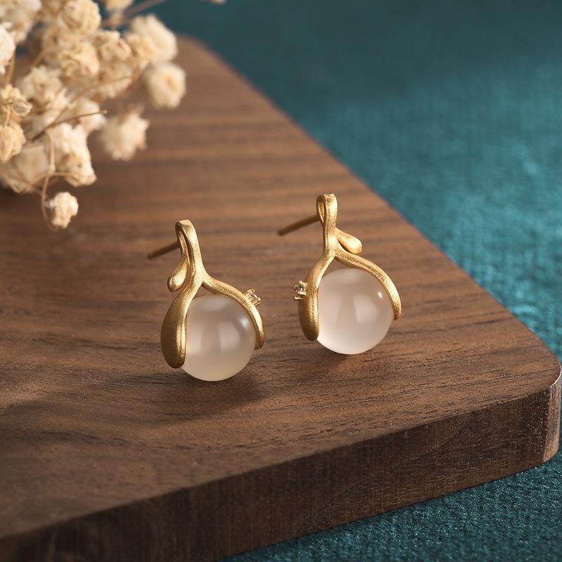 PANJBJ 925 Sterling Silver Hotan Jade Stud Earring for Women Girl Round Vintage Luxury Jewelry Banquet Gift Dropshipping