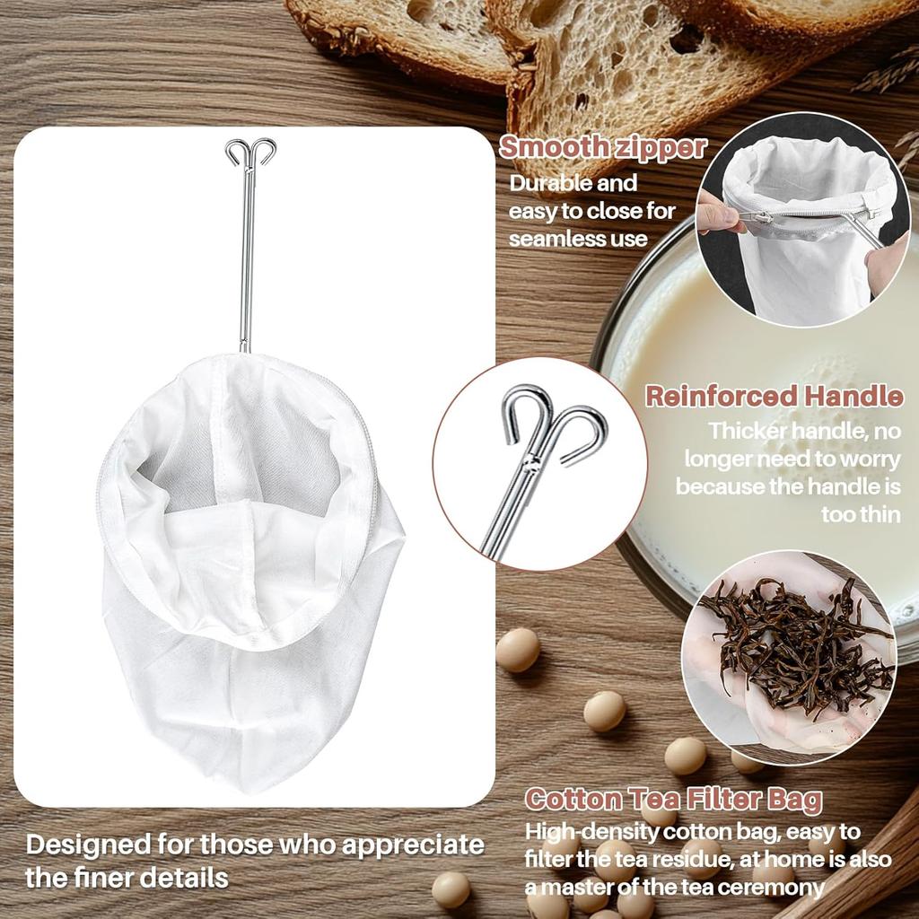 3 PCS Fine Mesh Strainer Bags - RAINFLOW Reble Cheese Cloth Bag for Straining with Stainless Steel Handle Medium Size Food Grade Filter for Coffee