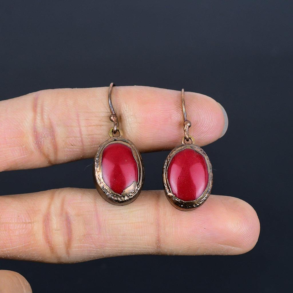 Red Coral Handmade Gemstone Earrings, Copper Electroformed Earrings Antique Jewelry, For Engagement Gift
