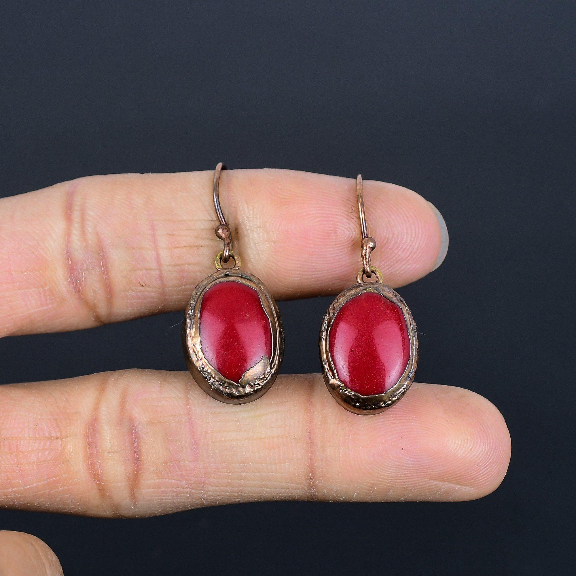 

Red Coral Handmade Gemstone Earrings, Copper Electroformed Earrings Antique Jewelry, For Engagement Gift 2.55 Inches