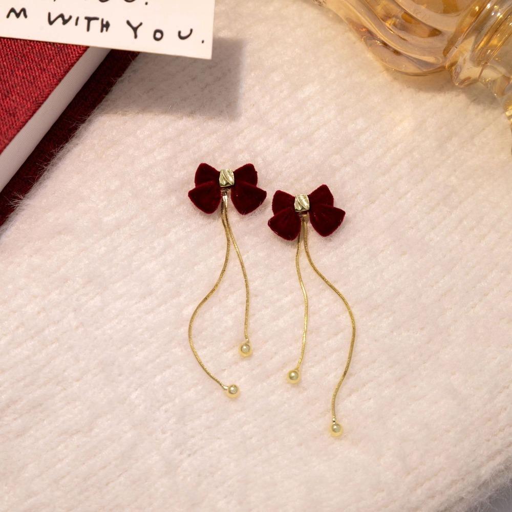 Red Long Tassel Chain Flocking Earrings NEW Bow Dangle Earrings  New Year Gift