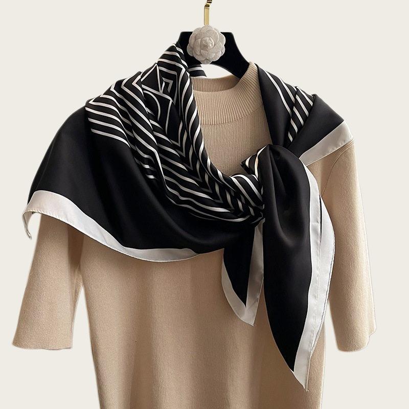 Temperament navy blue beige twill smooth silk scarf square scarf 91cm versatile square scarf shawl spring and autumn new scarf