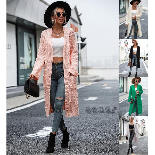 

2024 Осень и зима Новый европейский и американский однотонный вязаный свитер с карманом куртка свитер для женщин S зелёный