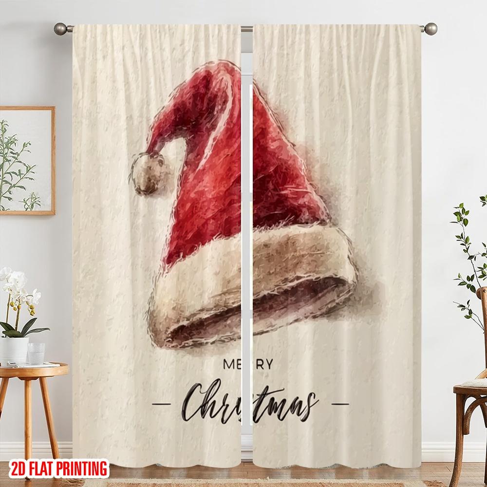 2pcs,2D Plane Printing Curtains Vintage Santa Hat Polyester (without Rod) Decorations For Home for Room, Kitchen, Study,