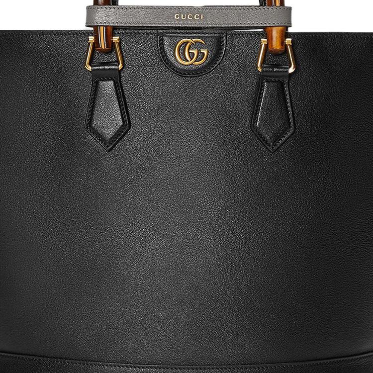 Gucci Diana Bamboo Double G Logo Solid Leather Tote Bag Women Tote Bags Black 750394-UAAAY-1092