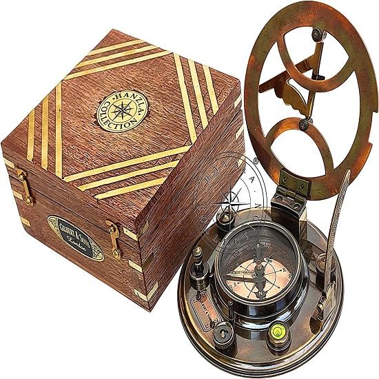 12.7 cm Steampunk Gilbert Sundial kompas najwyższej klasy ręcznie robiony mosiężny zegar słoneczny w drewnianym pudełku z wykresem równań